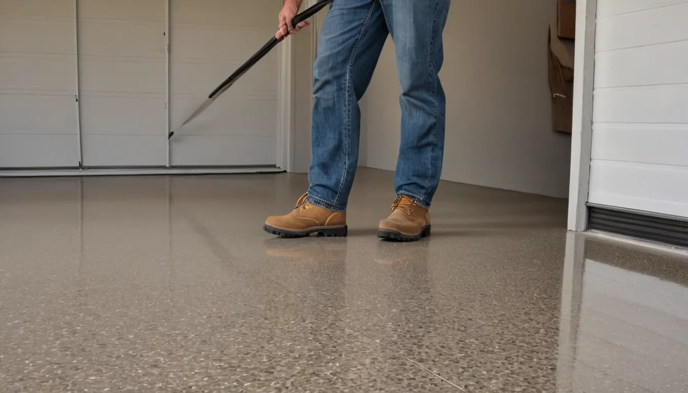 Provider applying a clear polyaspartic coat over decorative flakes on a garage floor in Anaheim
